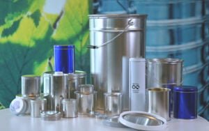 metal canisters with closures for chemicals, paint, and food in different shapes and sizes