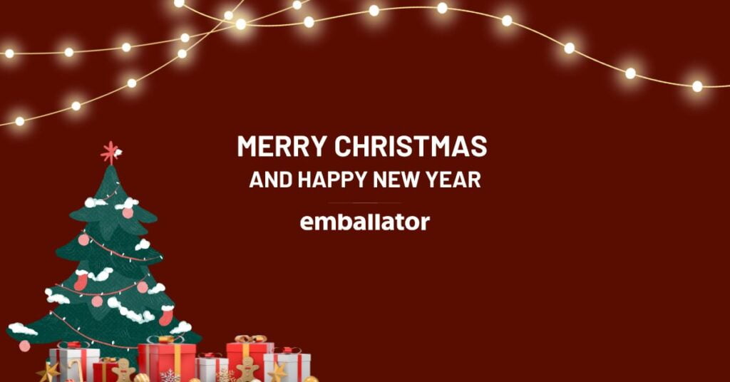 A graphic picture that says Marry Christmas and Happy New Year. The background is dark red and there is christmas lights hanging from the top and a christmas tree and some presents at the bottom.