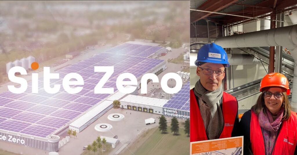A picture of two motives; an animated drone-picture of Site Zero & a picture of Maria (Head of Sustainability) and Mats (Innovation Manager)